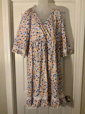Cotton Watercolor Polka Dot Ruffle Hem Flutter Sleeve Midi Dress.